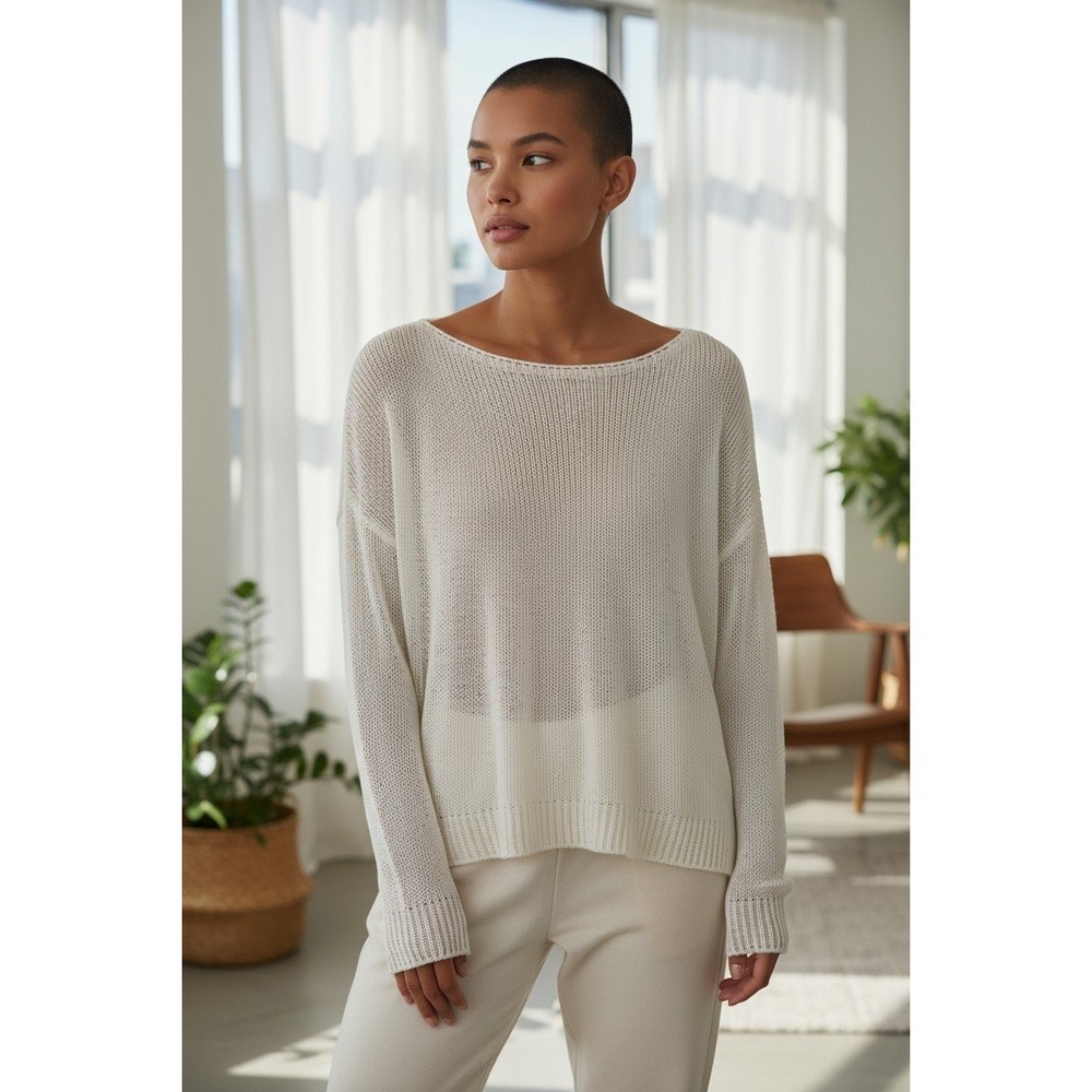 Womens Off White Open Knit Sheer Relaxed Boat Neck Pullover Sweater Large